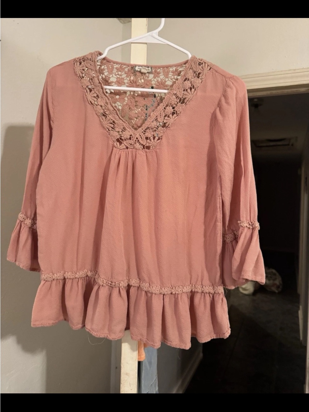 Eyeshadow Blush Pink Crochet V-Neck Peasant Blouse